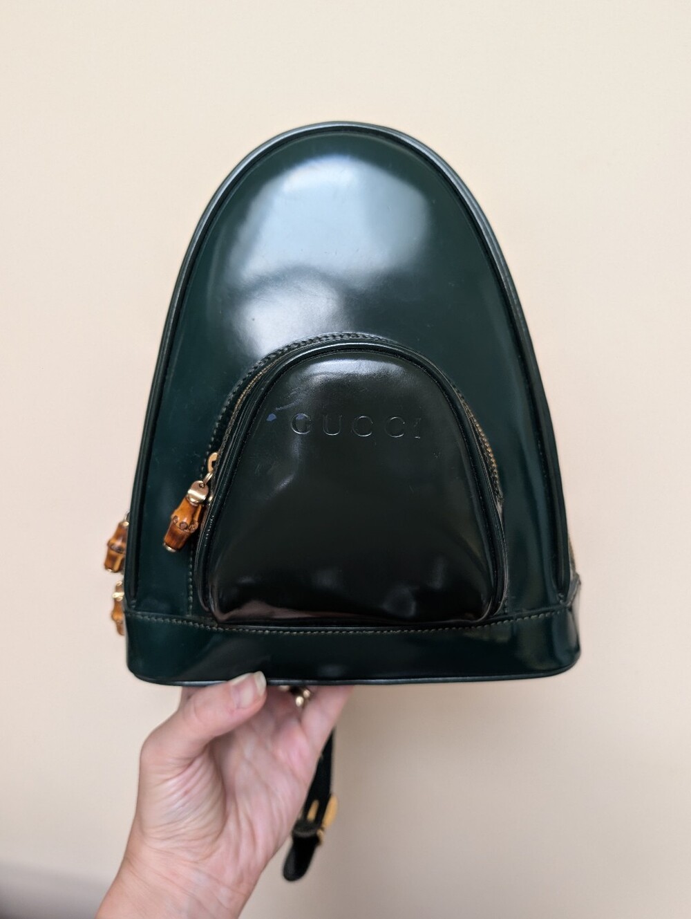 Vintage Gucci Bamboo + Enameled Leather Sling Backpack - Hunter Green